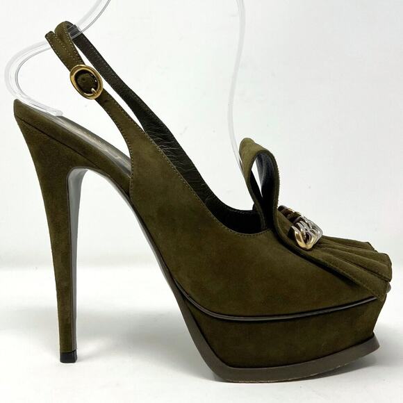 YSL Yves Saint Laurent Olive Suede Fringe Chain Platform Pumps Size 38.5 - Picture 3 of 9